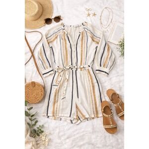 Greylin Womens Striped Cotton Boho Romper Ivory Tan Black Lace Detail Size M